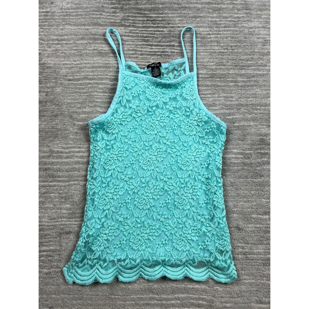 Rue21 Tank Top Womens Medium Turquoise Aqua Floral Lace Halter Scalloped Boho